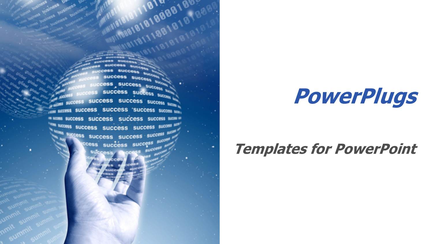 Man Hand Holding a Globe Made of Success Word and Globes of Binary Codes on Blue Background