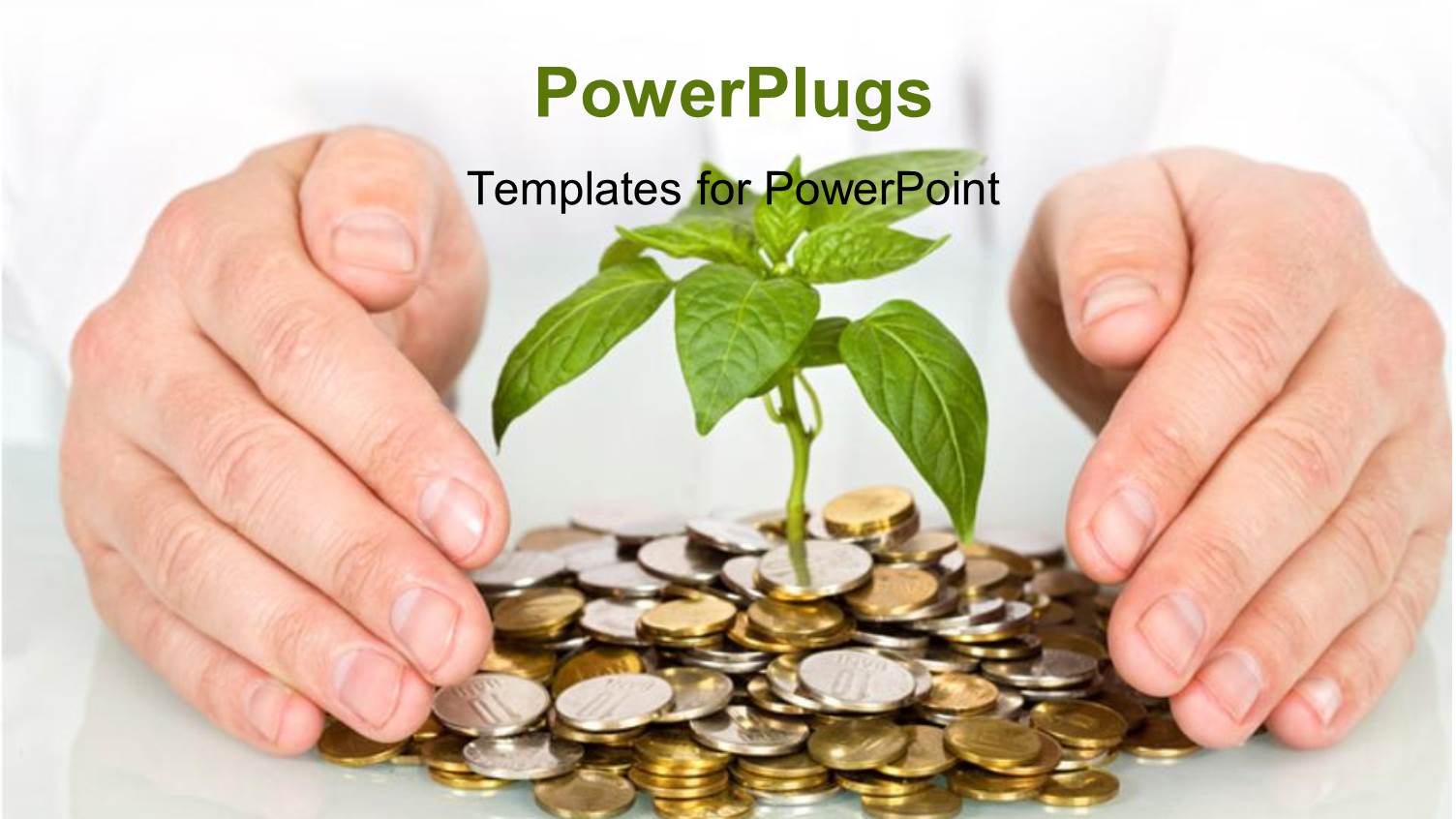 Man Hands Protecting Plant Sprouting from Gold Coins 