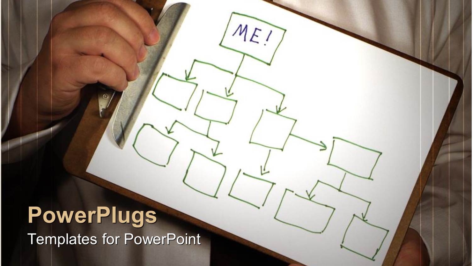 Man Holding Clip Board Showing Flowchart Starting with me!