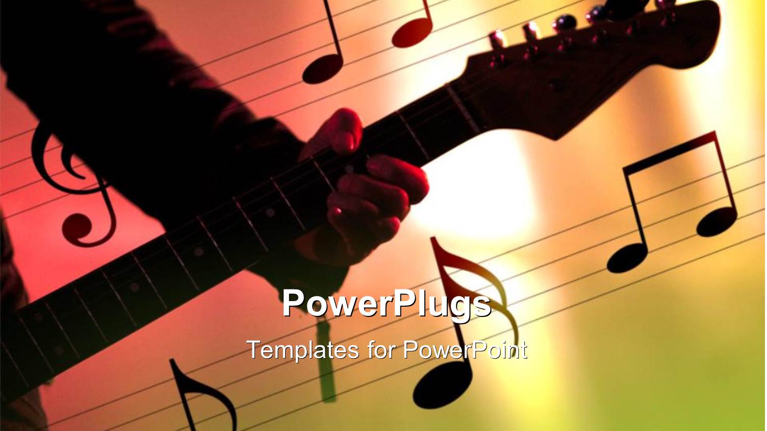 a Man Holding a Guitar with Lots of Musical Notes