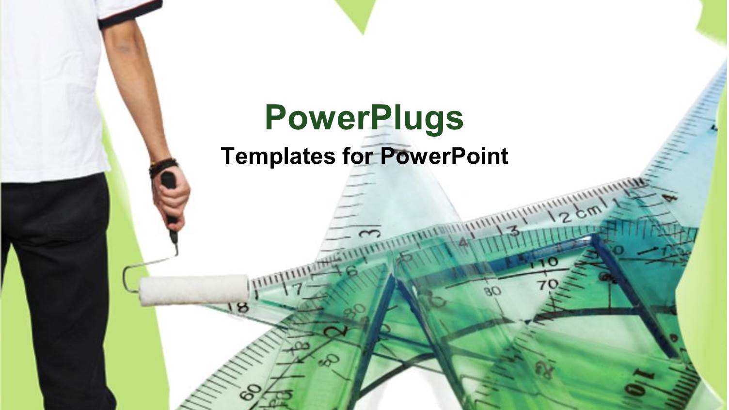 Man Holding Paint Roller in Front of Partly Painted Wall Showing Rulers and Protractors