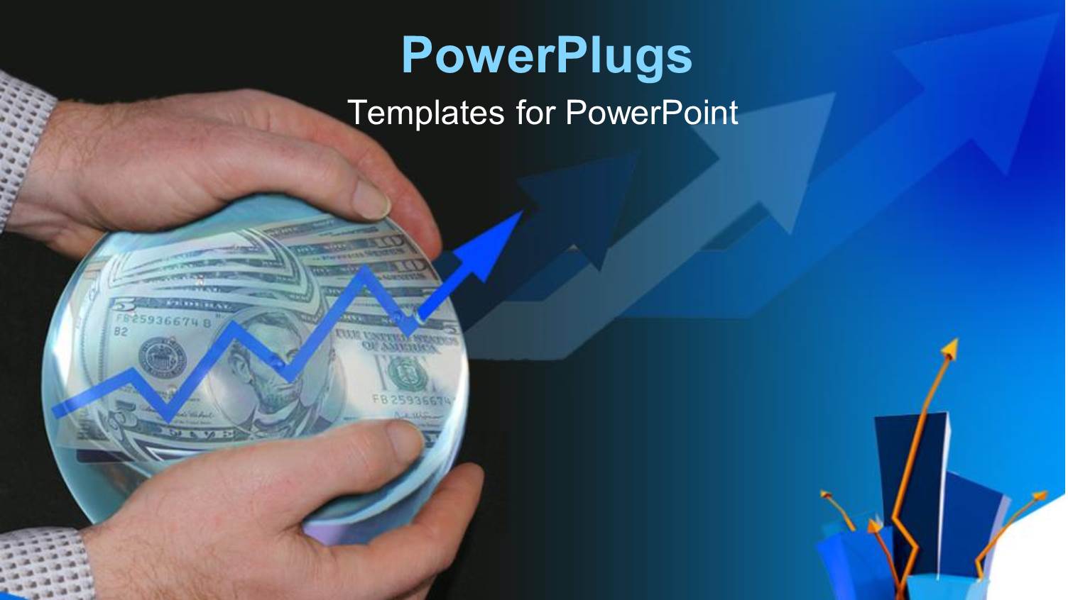 Man Holding Transparent Crystal Ball Filled with Dollar Notes and Arrow