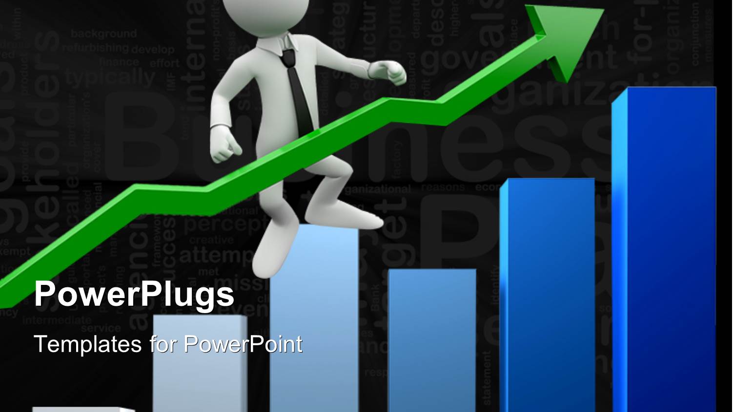 Man Jumping off Blue Bar Chart with Upward Green Arrow