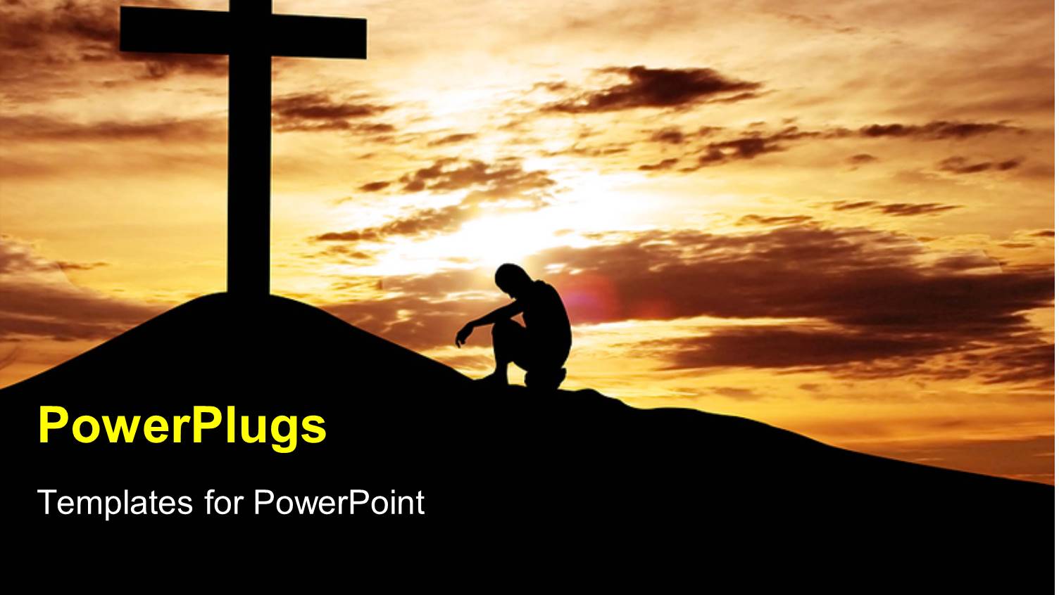 a Man Kneeling in Front of a large Cross on a Sunset View