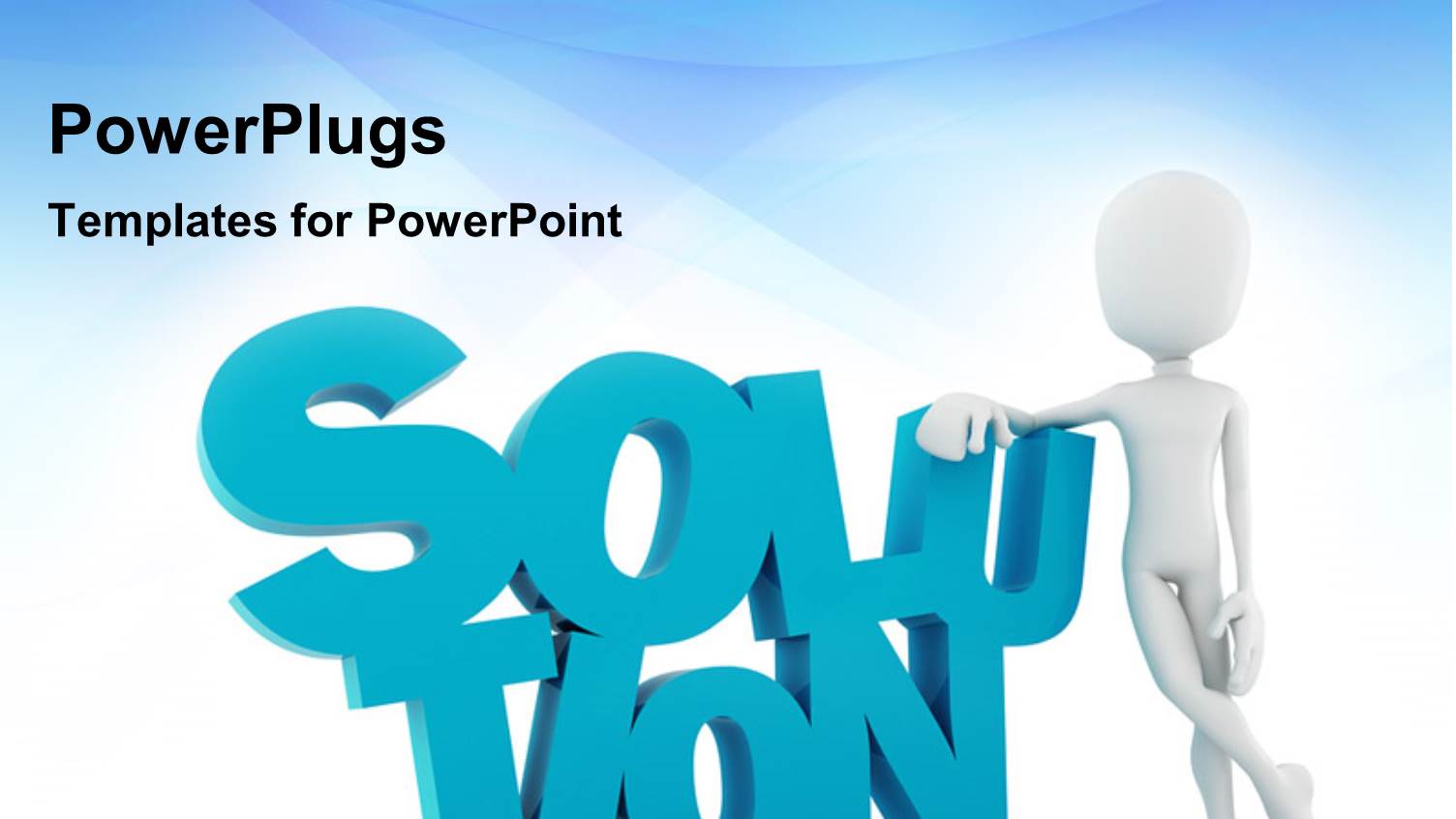 Man Leans on Blue 3D Rendered Word SOLUTION Over Blue Background