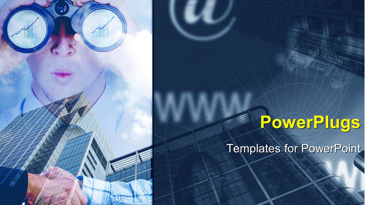 Man Look Through Pair of Binoculars with Internet Depictions and Office Buildings