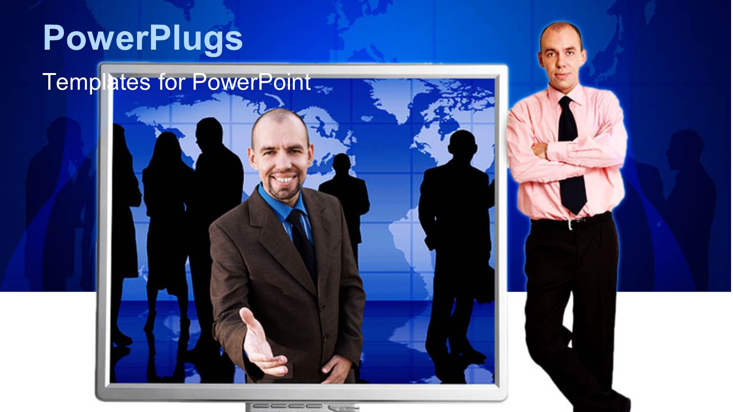 Man in Monitor Screen Gestures for Handshake while Another Leans on Monitor