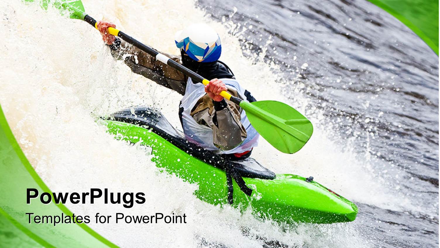 Man Paddling Kayak on White Water, Green Swirl Background