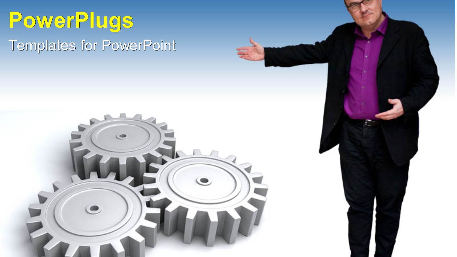 Man Pointing at Three Connected Gears on White Background