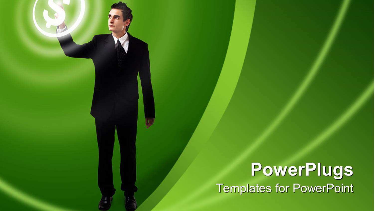 Man Pressing Button Button on Green Background, Business