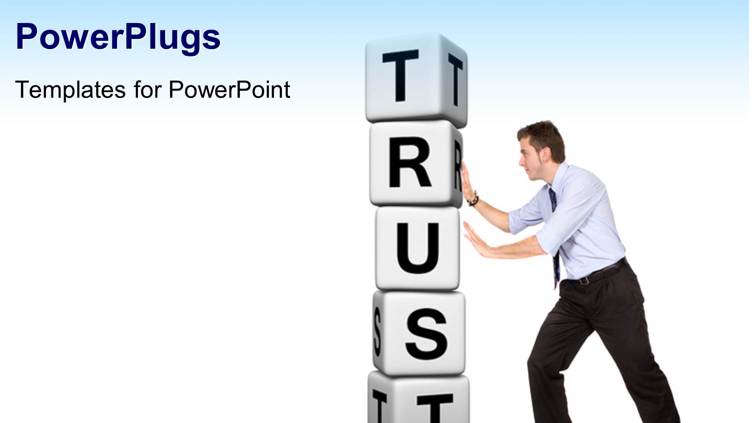 Man Pushing Pile of White Cubes with Word TRUST