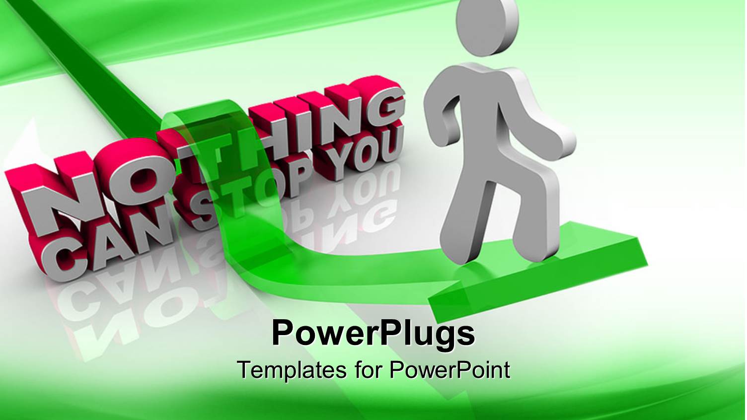 Man Rides Green Arrow like Skateboard Over Obstacle Made from Words Nothing can Stop you