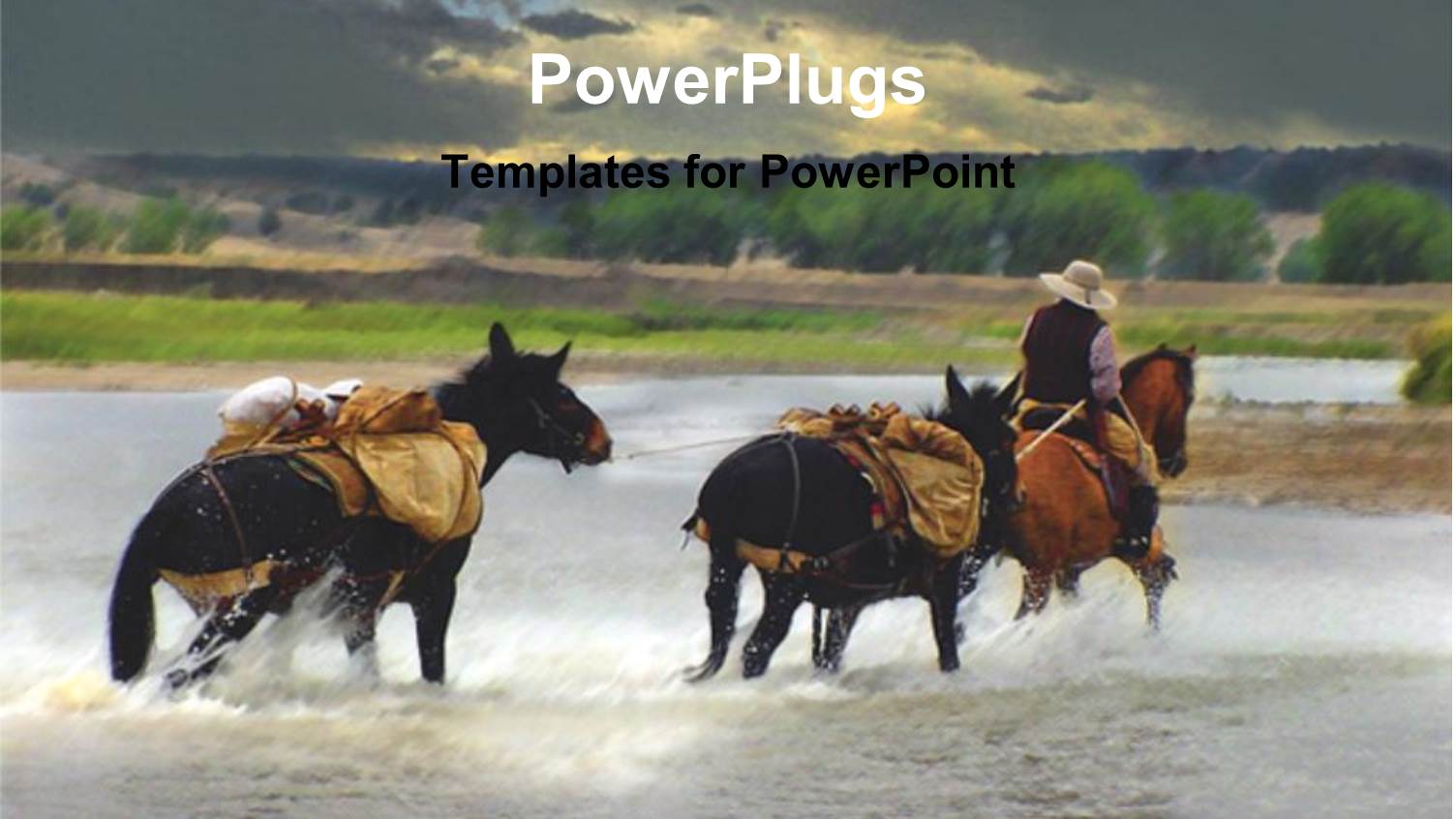 Man Riding Three Horses Though a Shallow Wide Lake