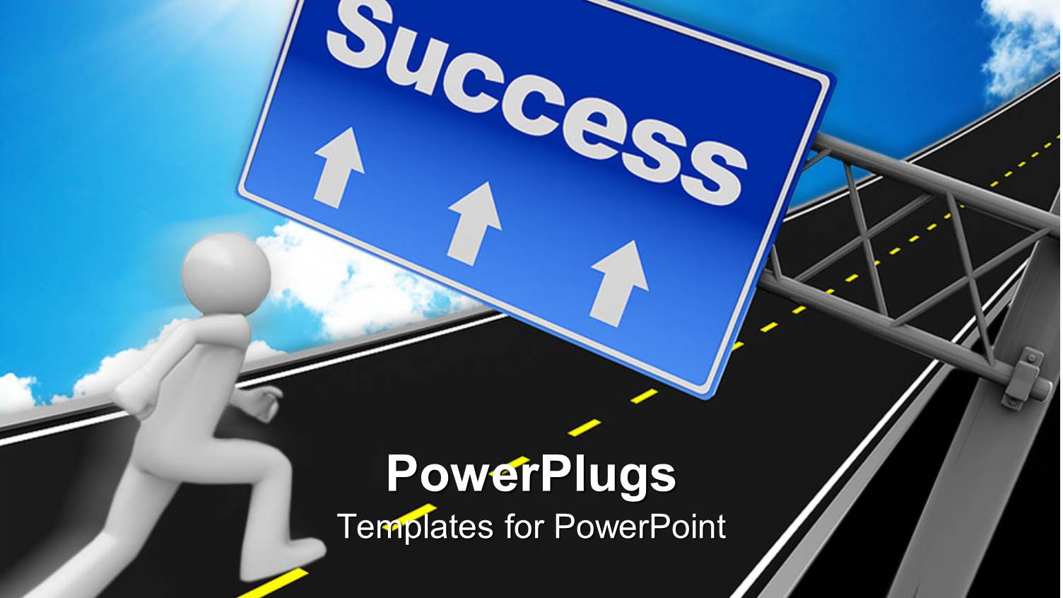 Man Running in Direction of Success on Highway with Success Sign Post