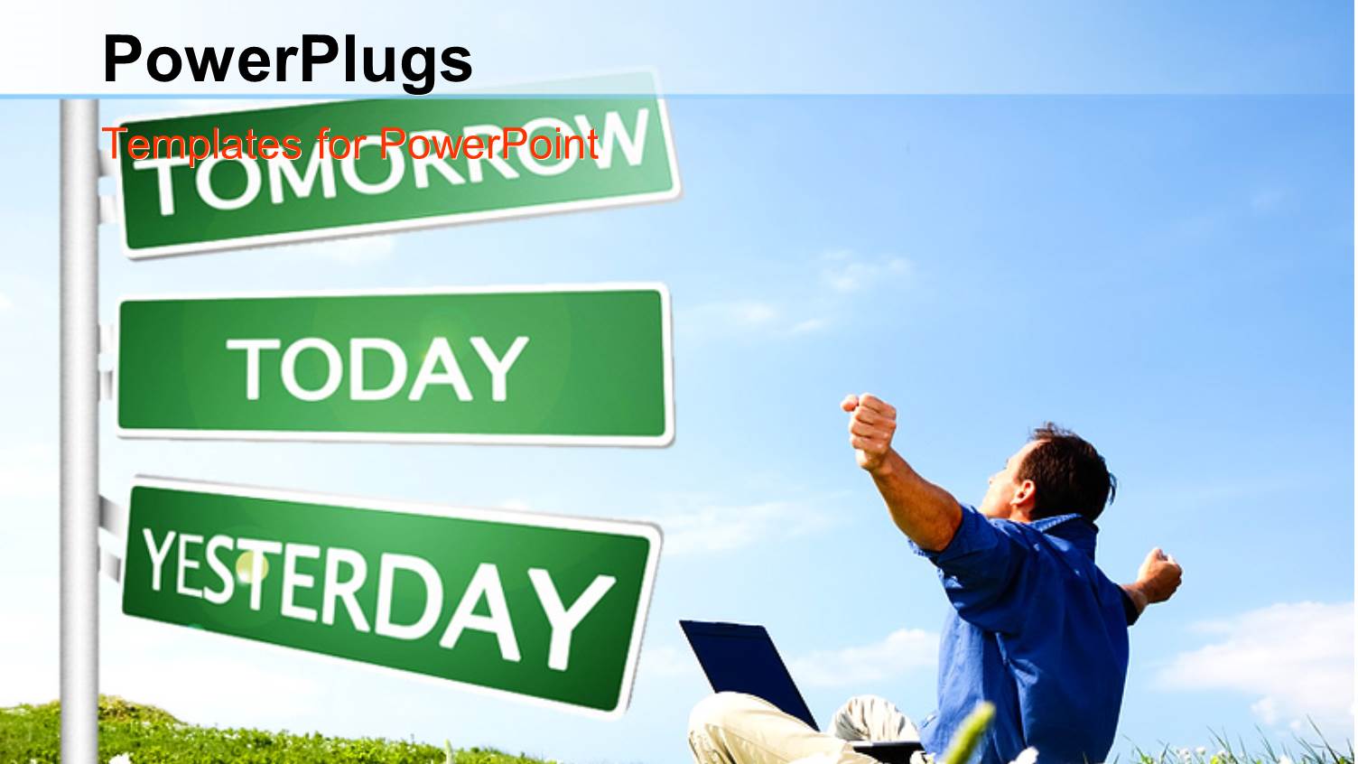 Man Sits in Grass Field Beside Road Sign with Hands Outstretched