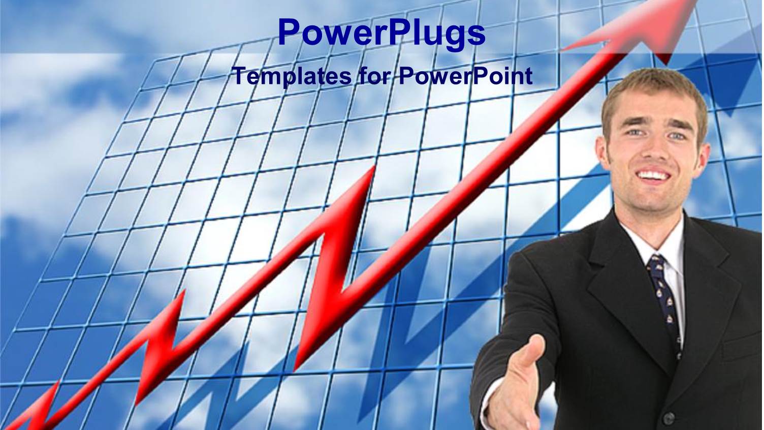 Man Smiles and Gestures for Handshake Over Red Graph Over Blue Grid