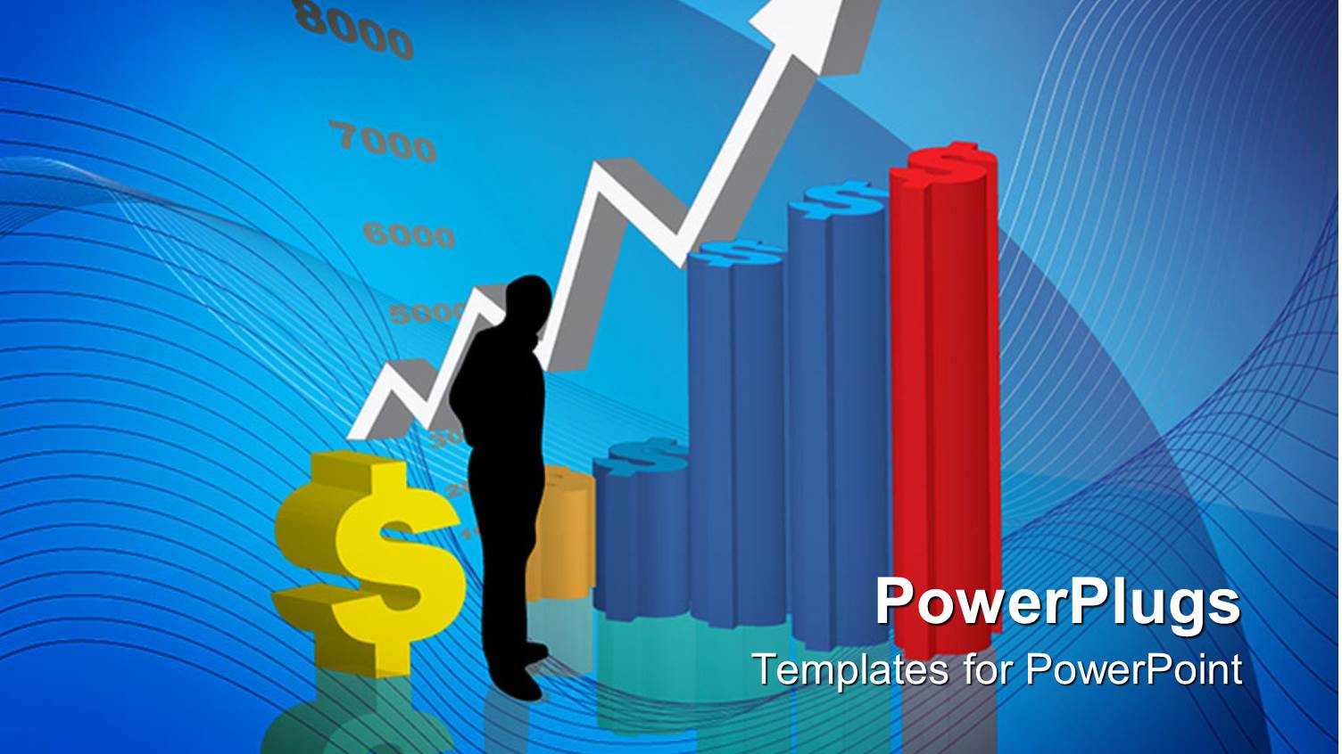 a Man Standing Near a Dollar Sign with a Multi Colored Bar Chart