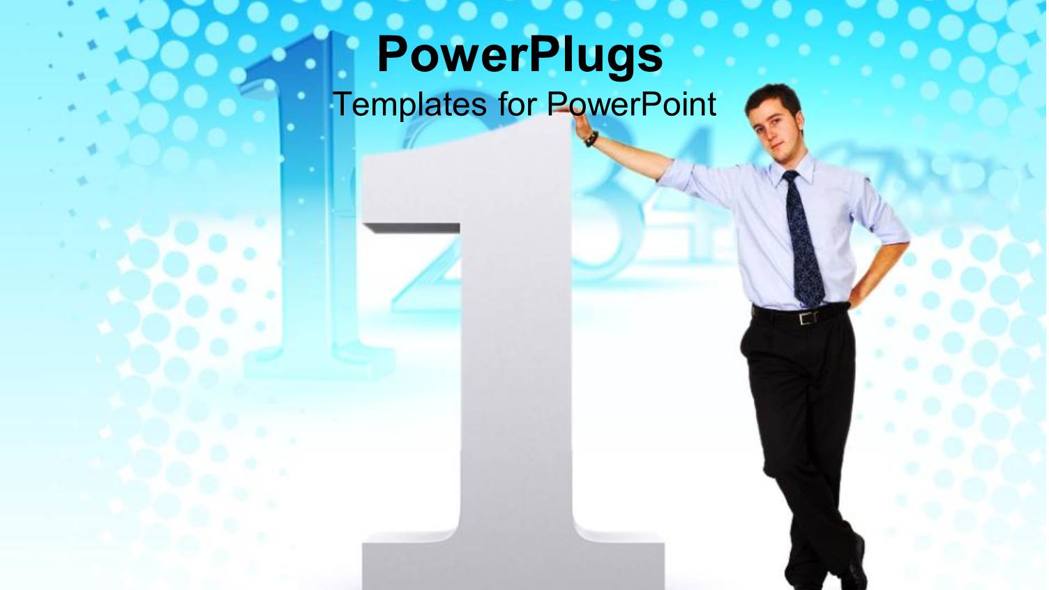 Man Standing Next to and Resting on large 3D Number One