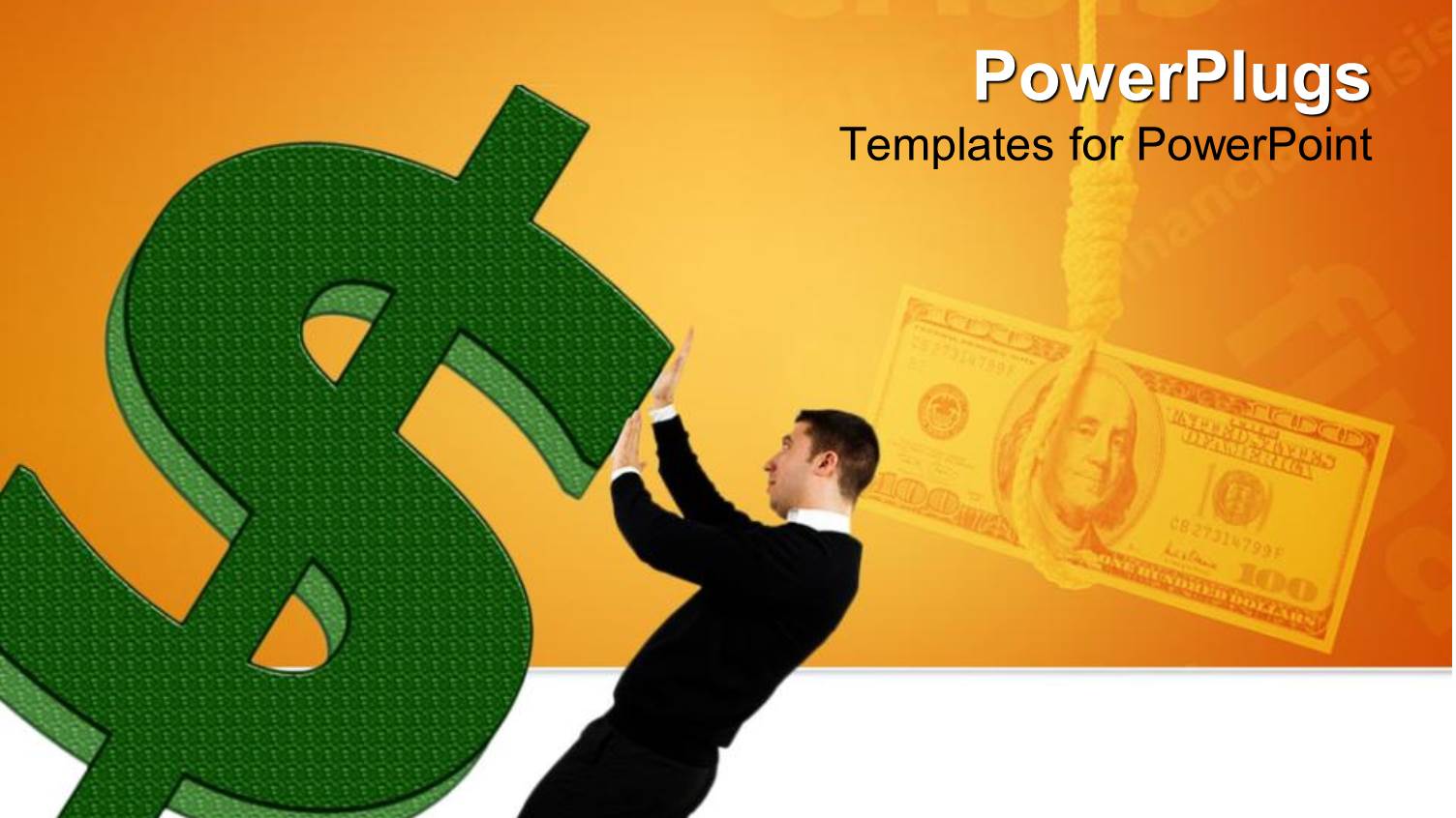 Man Struggling to Stabilize large Green Three Dimensional Dollar Sign