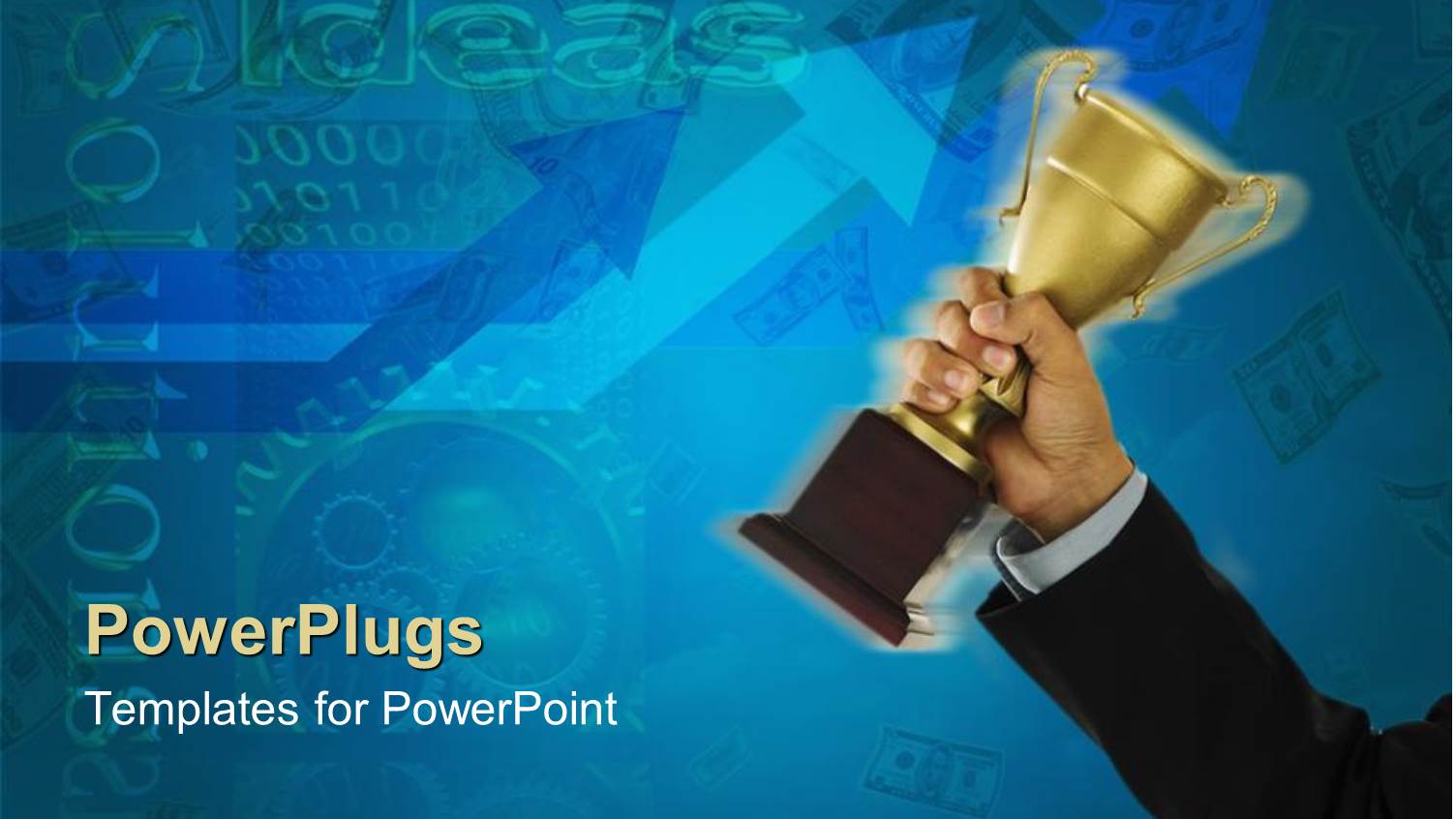 Man in Suit Holding Trophy in Bright Blue Background