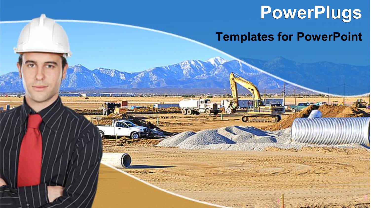 Man in Suit, Tie, Hardhat at Busy Construction Site