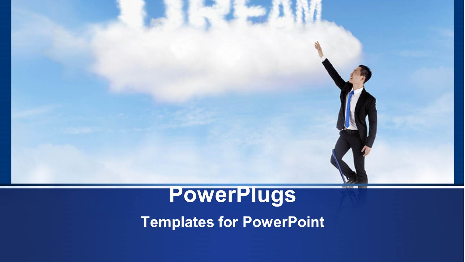 Man in Suit and Tie on Ladder Reaching Up Toward Dream Cloud