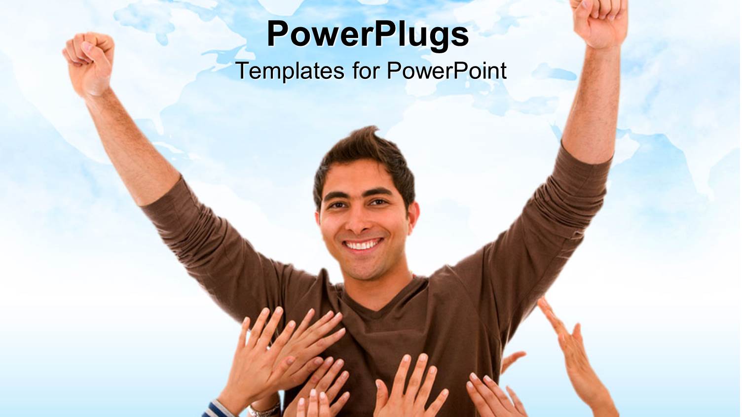 Man in Victory Pose with Several Feminine Hands Reaching to Touch him