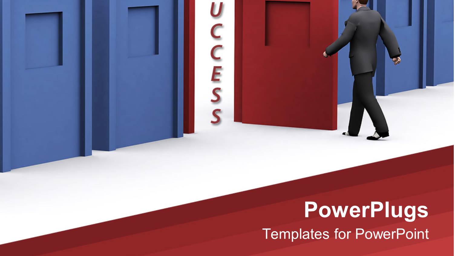 Man about to Walk Through Red Door of Success in Blue Corridor