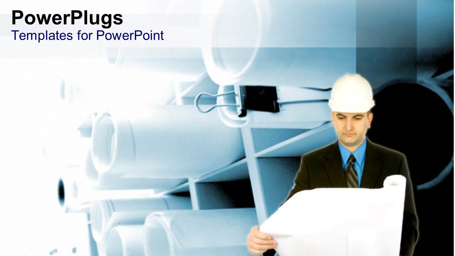 a Man Wearing an Engineers Helmet, Holding an Open Scroll 