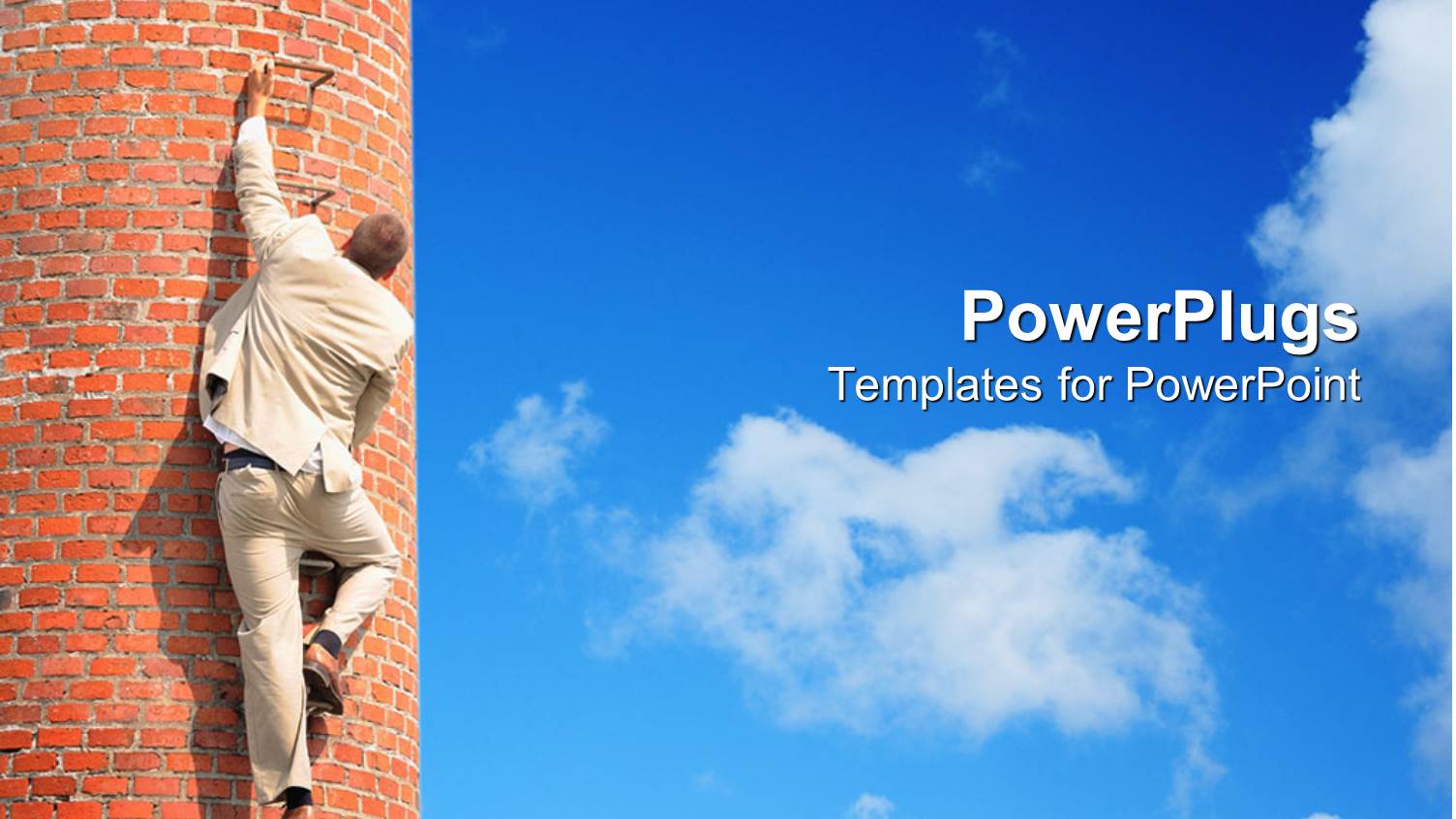 Man in White Suit Climbing Up a Brick Building on Bright Blue Sky Background