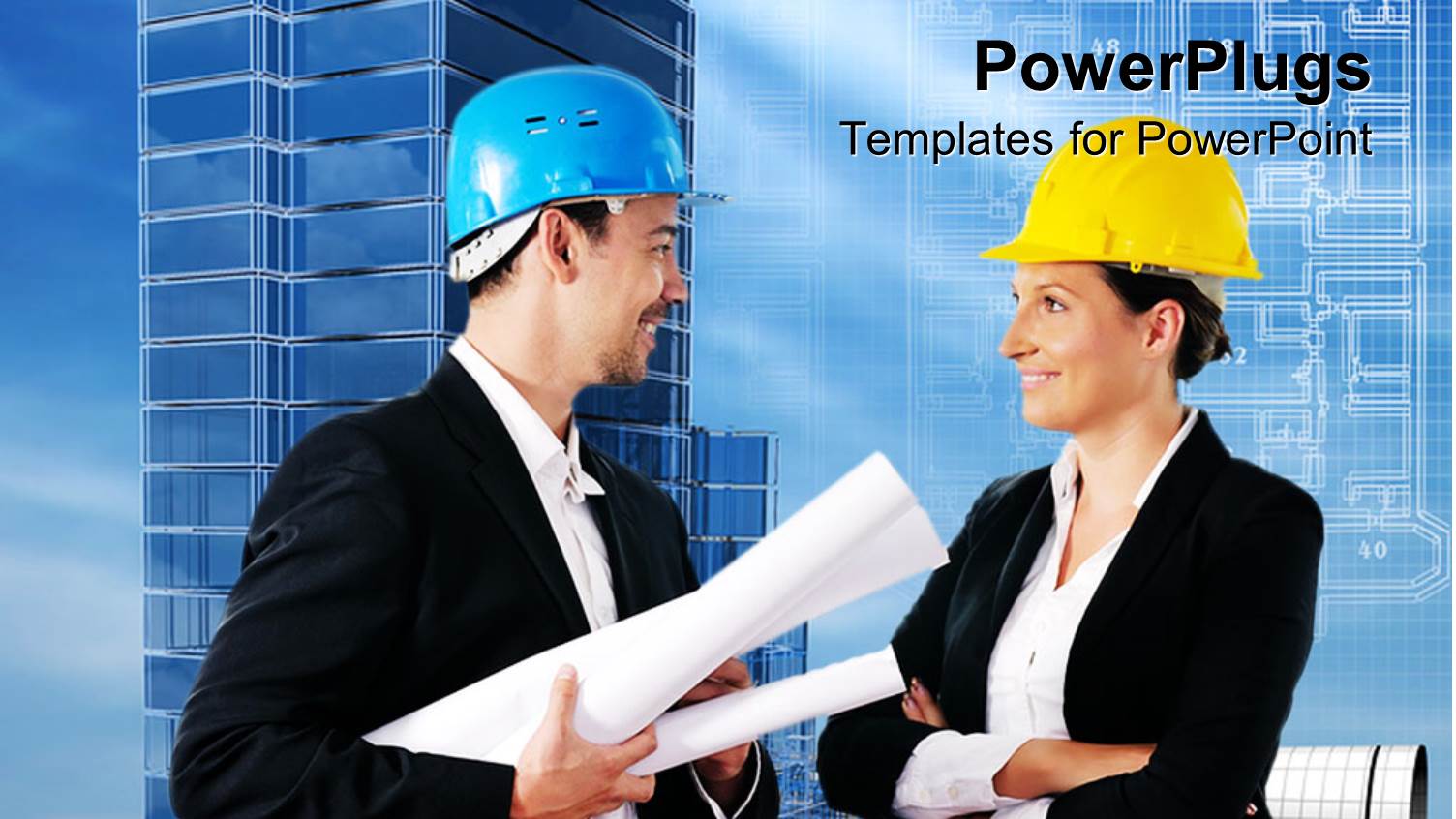 Man and Woman in Hard Hats with Blueprints, Buildings, Architecture, Construction, Project Management