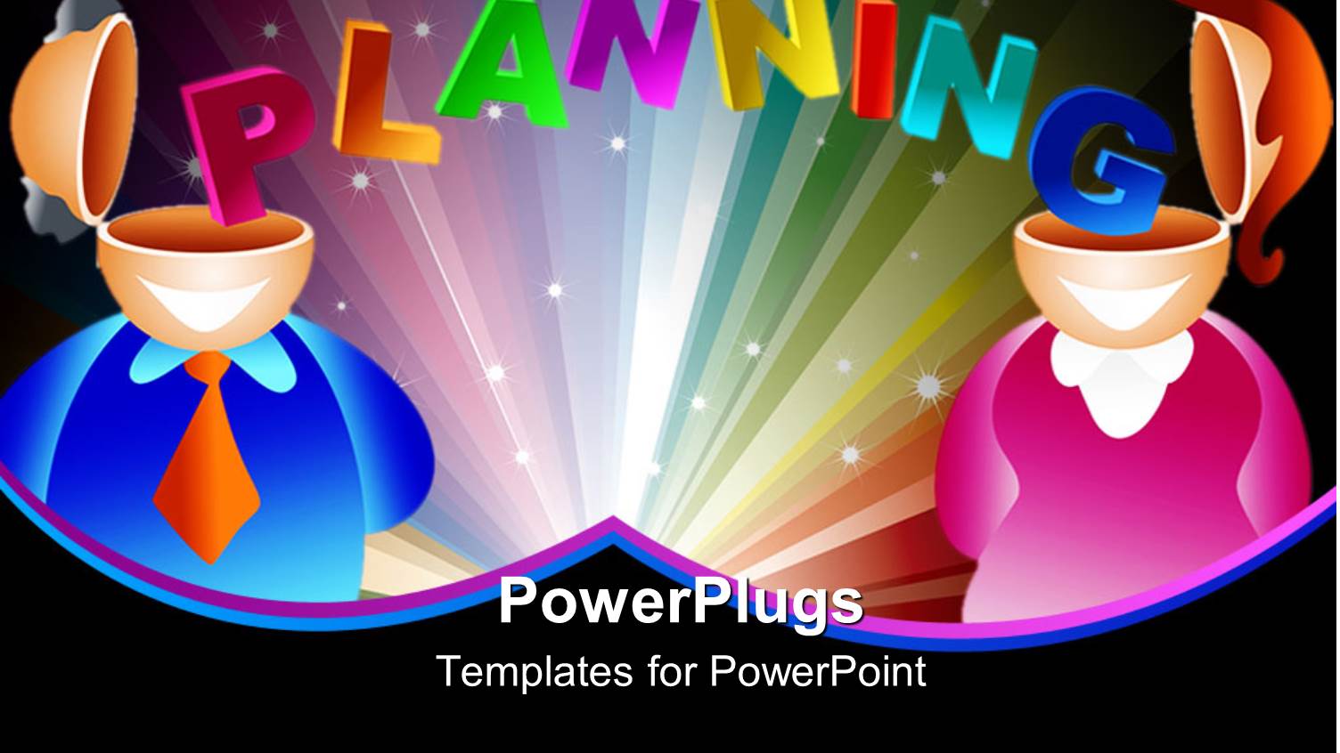 Man and Woman with Open Head Tops and Colorful Word Planning Stretching from Man's Head to Woman's Head