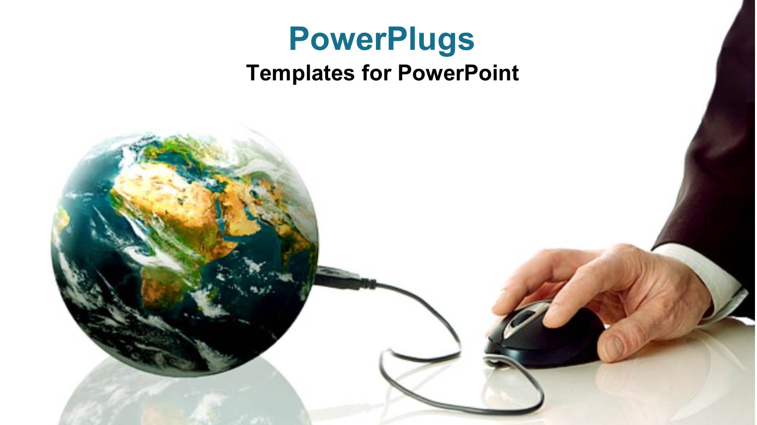 Man's Hand Holding Computer Mouse Plugged into Planet Earth