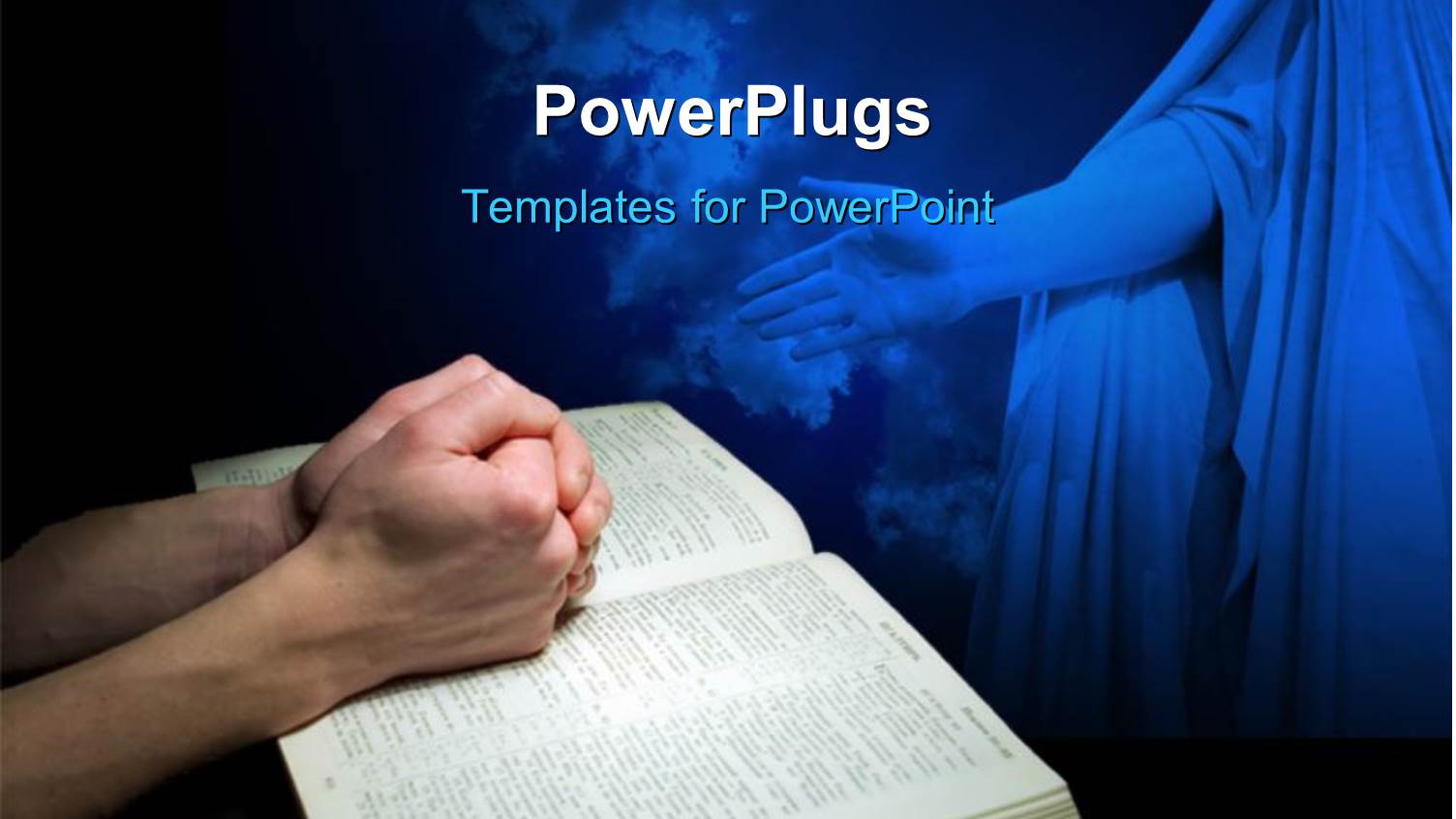 Mans Hands Clasped in Prayer Over a Bible with Jesus Sculpture