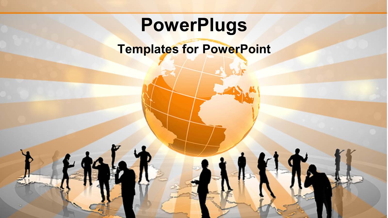 Many Silhouettes of People Standing on Gold World Map with Globe in Background