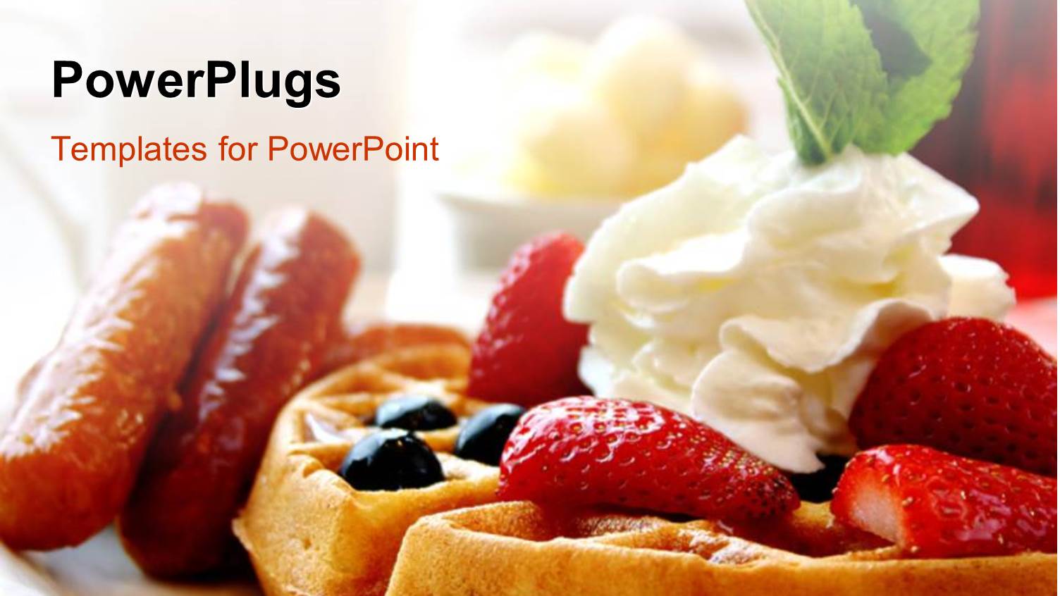 Maple Syrup, Waffles with Whipped Cream and Strawberries on Desk