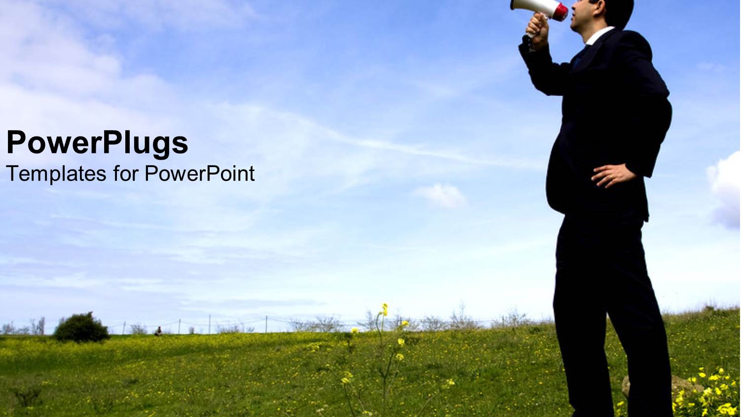 Marketing, Advertising, Communications Metaphor with Business Man Holding Megaphone Standing in Field