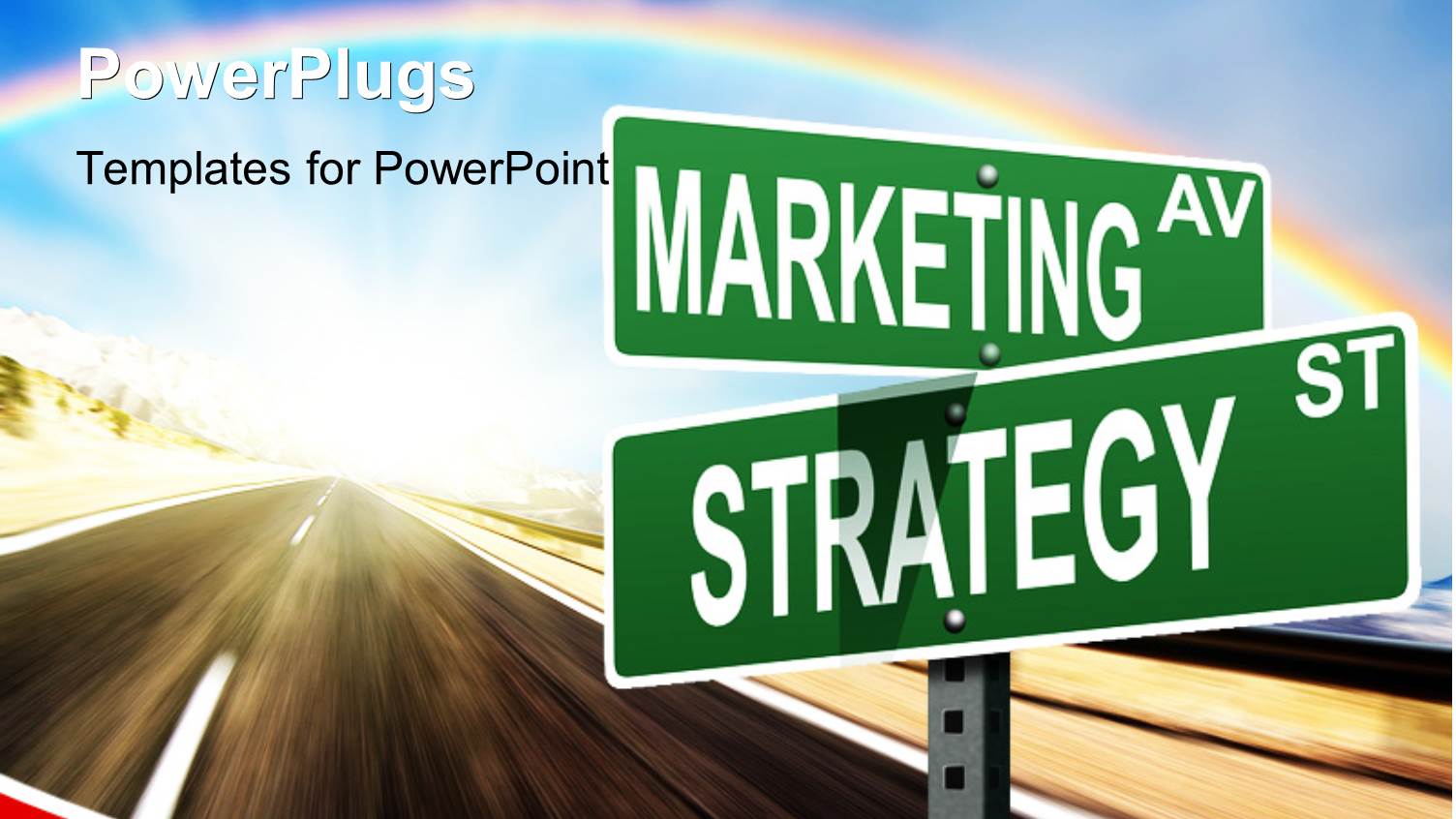 Marketing and Strategy Signpost on a Road with Sky and Rainbow in Background