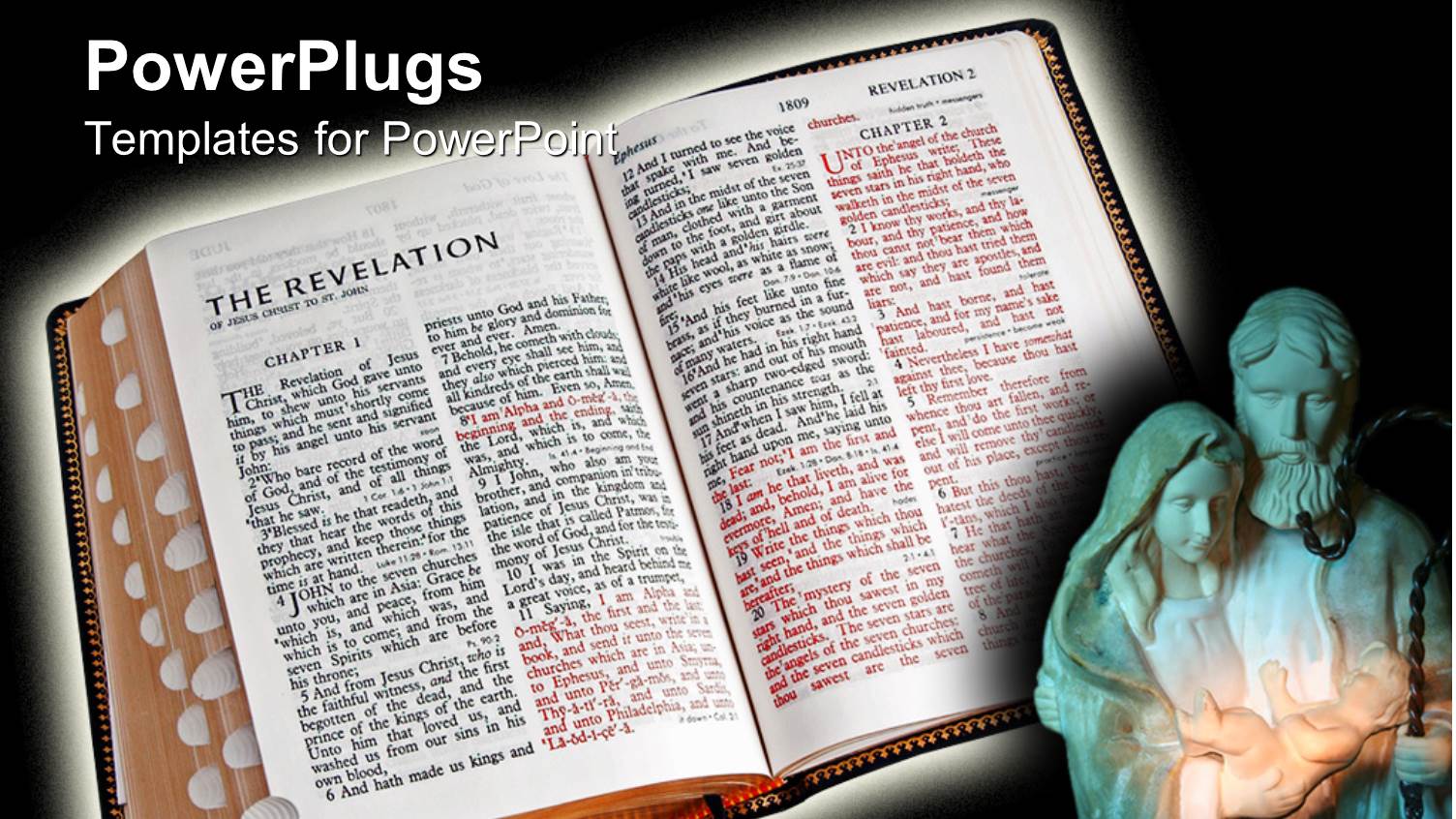 Mary and Joseph Holding Jesus Next to Bible Open to Revelation