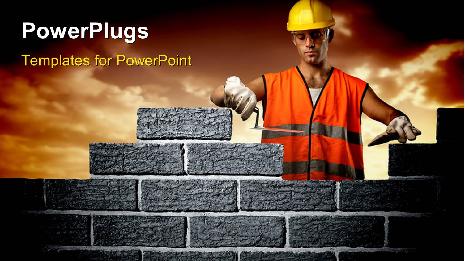 Mason Wearing Hard Hat and Orange Safety Vest Building Brick Wall