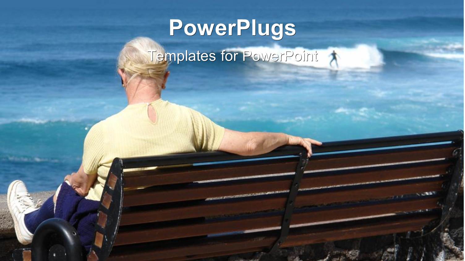 Matured Lady Sitting on a Beach Bench Watching a Man Surfing