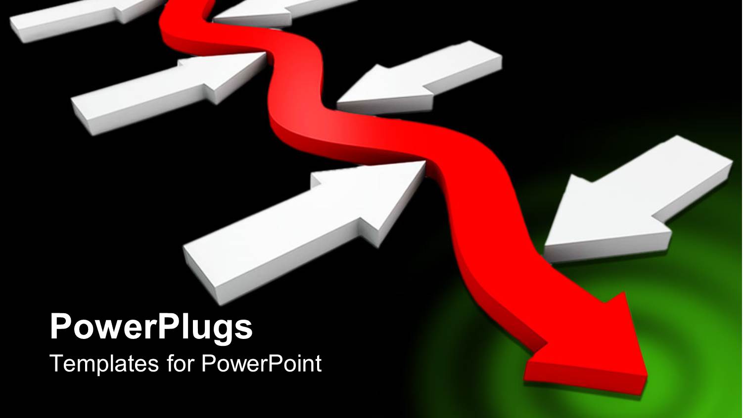 Meandering Red Arrow Between Straight White Arrows on Black Background 