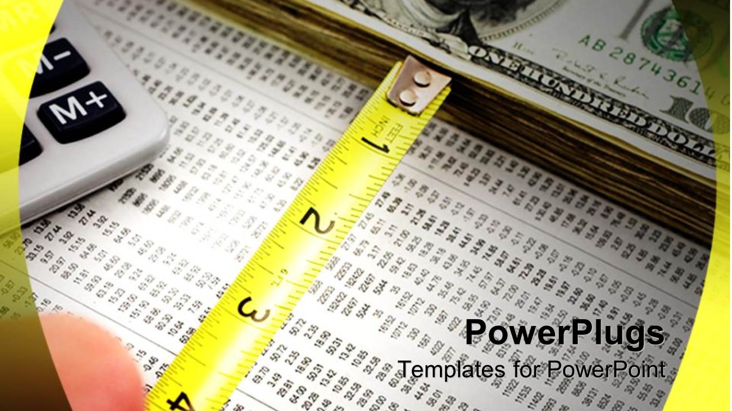Measuring Financial Success Metaphor with Tape Measure, Stack of Hundred Dollar Bills, Financial Data, Calculator