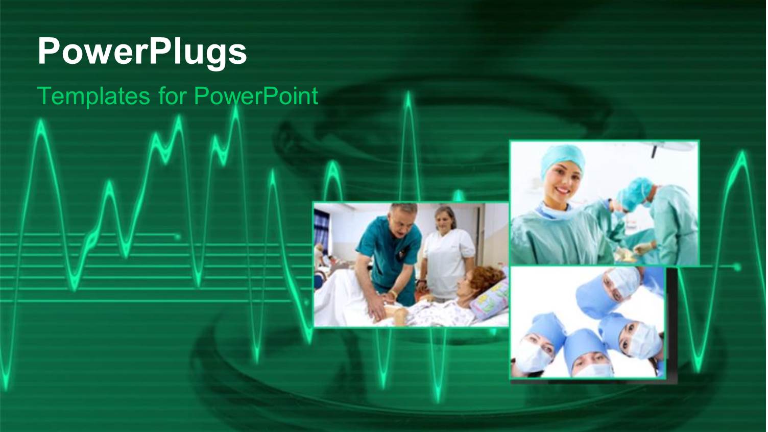 Medical Collage with Doctors Team Performing Operation on Patient, with ECG Rays Over Green Background