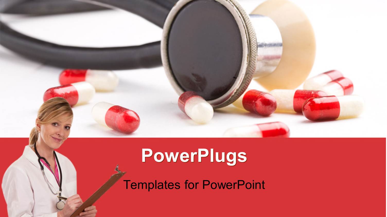 Medical Concept with Doctor in Foreground, Pills and Stethescope