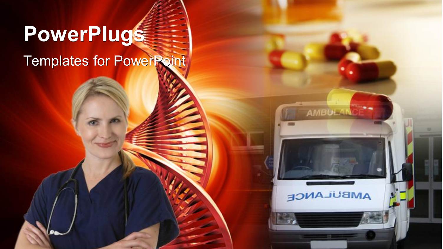 Medical Depiction of Nurse with Stethoscope across Neck, Capsules and Ambulance