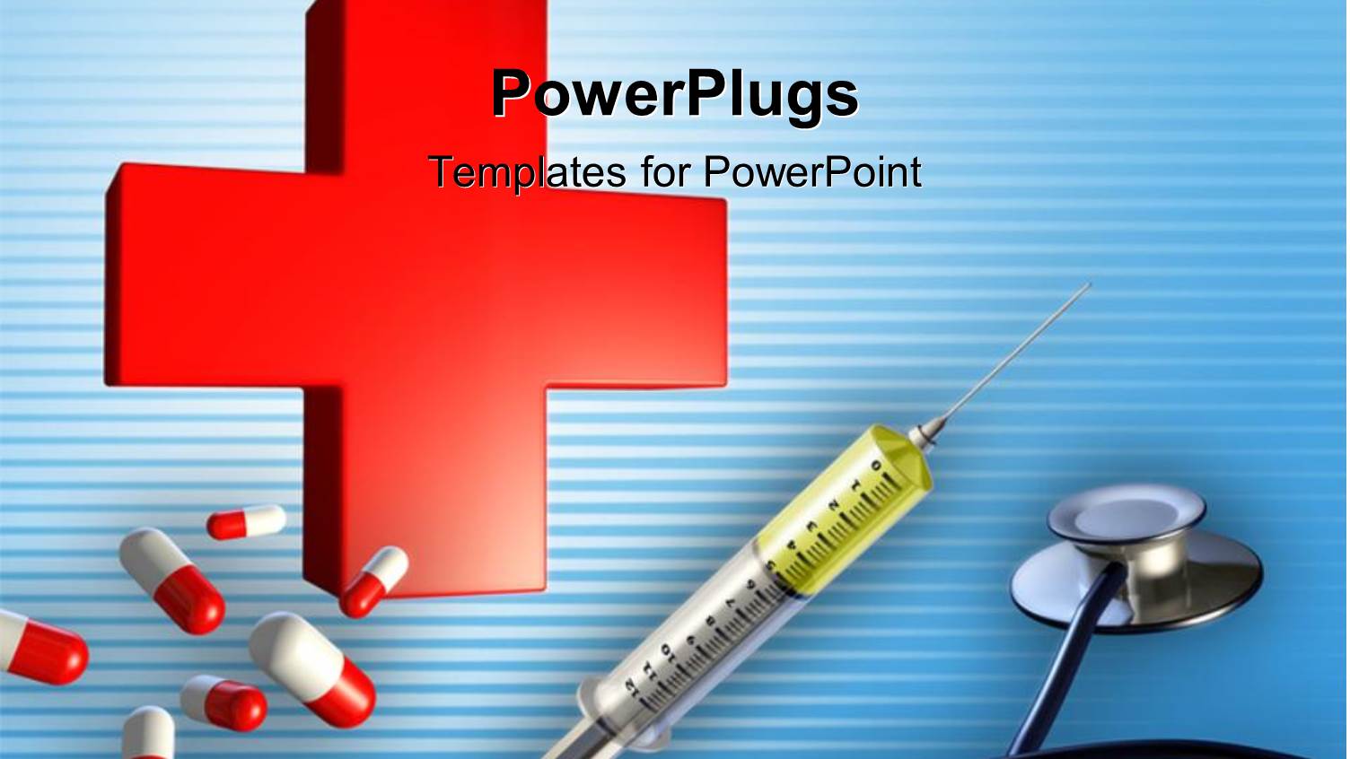 Medical Depiction with Red Cross, Capsules, Syringe and Stethoscope