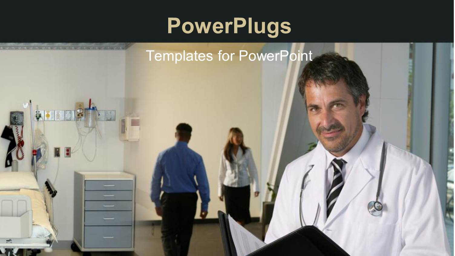 Medical Doctor with Stethoscope across Neck and Examination Note in Hospital Ward