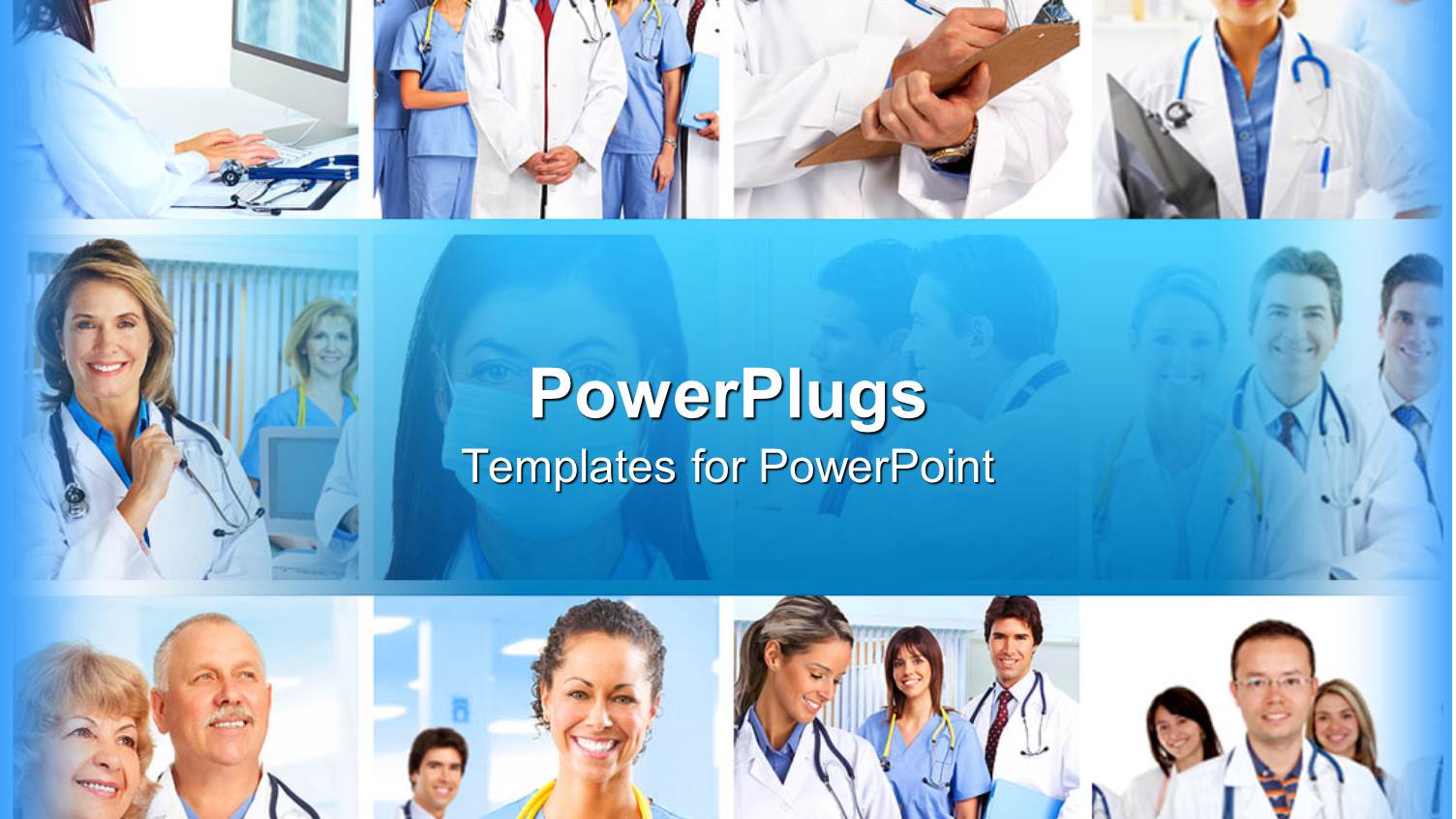 Medical and Healthcare Theme with Collage of Twelve Depictions of Doctors with Stethoscopes, Smiling Doctors and Nurses