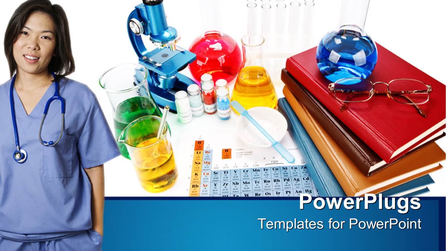 Medical Research Theme with Periodic Table, Stethoscope, Glassware, Books, Woman in Scrubs with Stethoscope